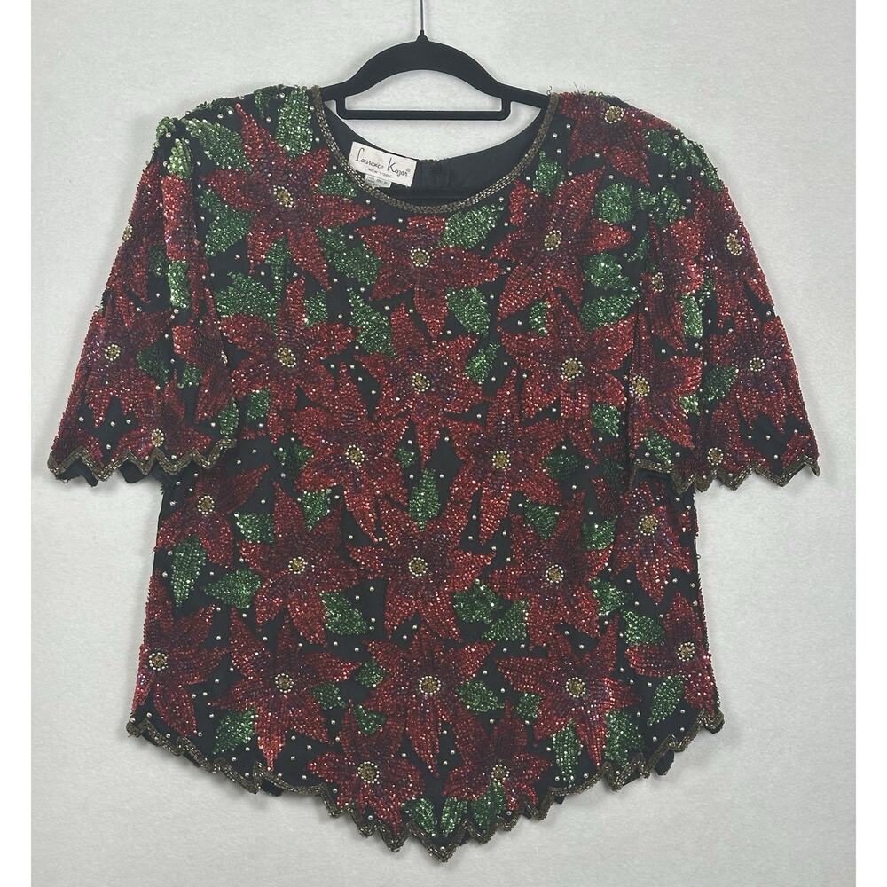 Laurence Kazar Red & Green Beaded Floral Short Sleeve Top